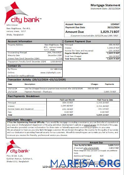 Realistic Bangladesh City Bank bank mortgage statement scr sample